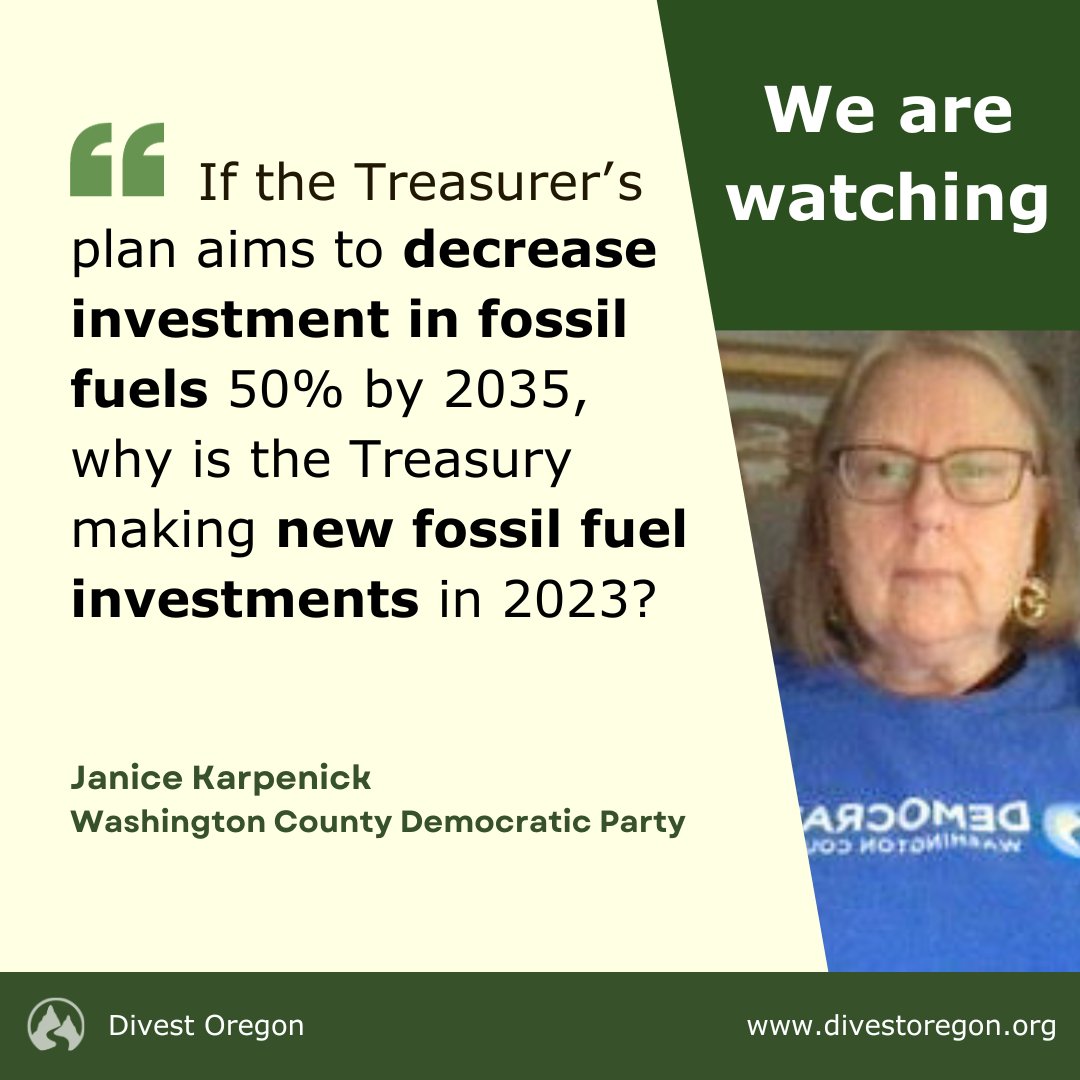 Divest Oregon Coalition Members are watching as the Oregon Treasurer develops his Decarbonization Plan for $94 billion of Oregon State Treasury investments. For state employees with PERS retirement, and for all of us, climate risk is also financial risk.
