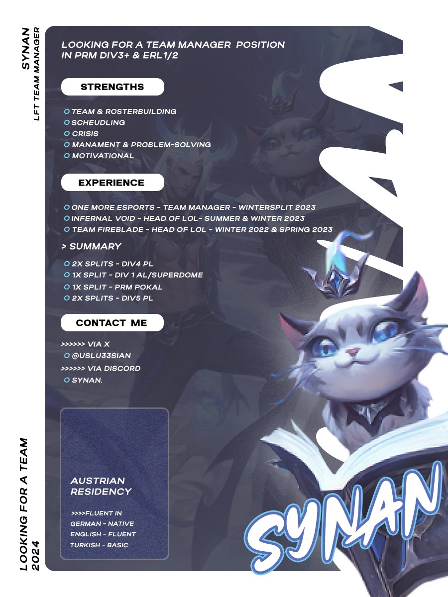 synan (@synan24) on Twitter photo Im still in talks with my current orgs but i am allowed to explore my options for 2024!
Since I am basically finished with school i got a lot of time!
References:
<a href="/IV_Skyblue/">Enrico "Skyblue" Bernock</a> 
<a href="/TSGKurama/">Maurice// Kurama</a> 
<a href="/ChongR1ch/">Chong Rich</a> 
all players
For any other questions dm! Im still in talks with my current orgs but i am allowed to explore my options for 2024!
Since I am basically finished with school i got a lot of time!
References:
<a href="/IV_Skyblue/">Enrico "Skyblue" Bernock</a> 
<a href="/TSGKurama/">Maurice// Kurama</a> 
<a href="/ChongR1ch/">Chong Rich</a> 
all players
For any other questions dm!