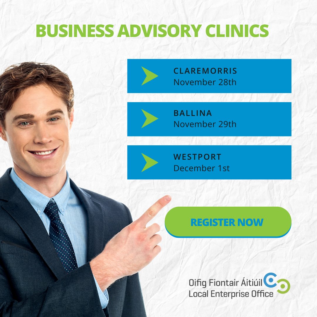 We are hosting Business Advisory Clinics in Claremorris, Ballina & Westport. Please book your place online. Thereafter, a member of the LEO team will contact you to arrange a suitable time slot. localenterprise.ie/Mayo/Training-… #SmallBusiness #BusinessAdvice #LEOMayo