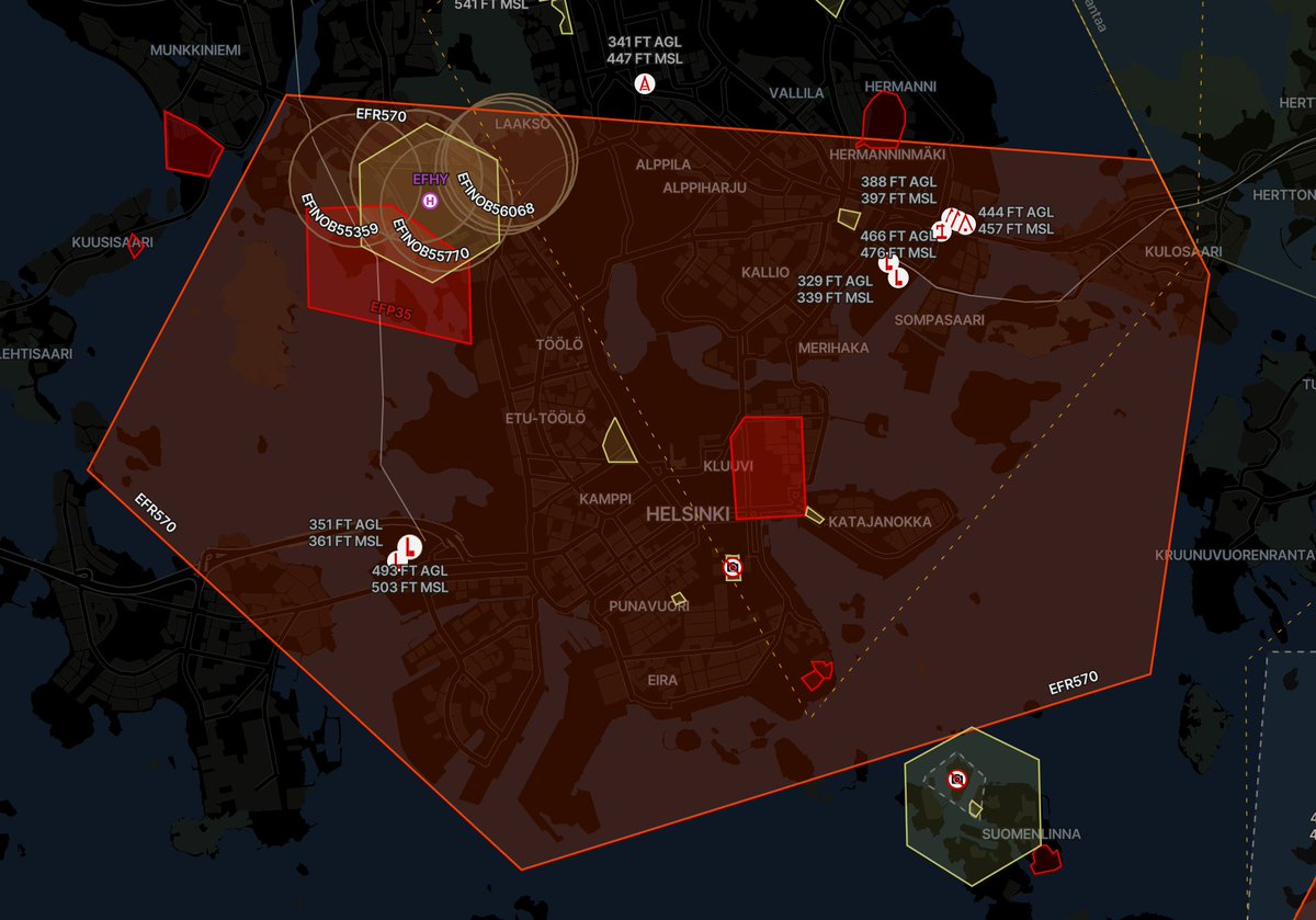 Huomio dronepilotit: Huomenna 10.11. laaja rajoitusalue Helsingin yllä!

Notice for drone pilots: Tomorrow 10th November there's a large restriction area above Helsinki!

flyk.com/map?drone