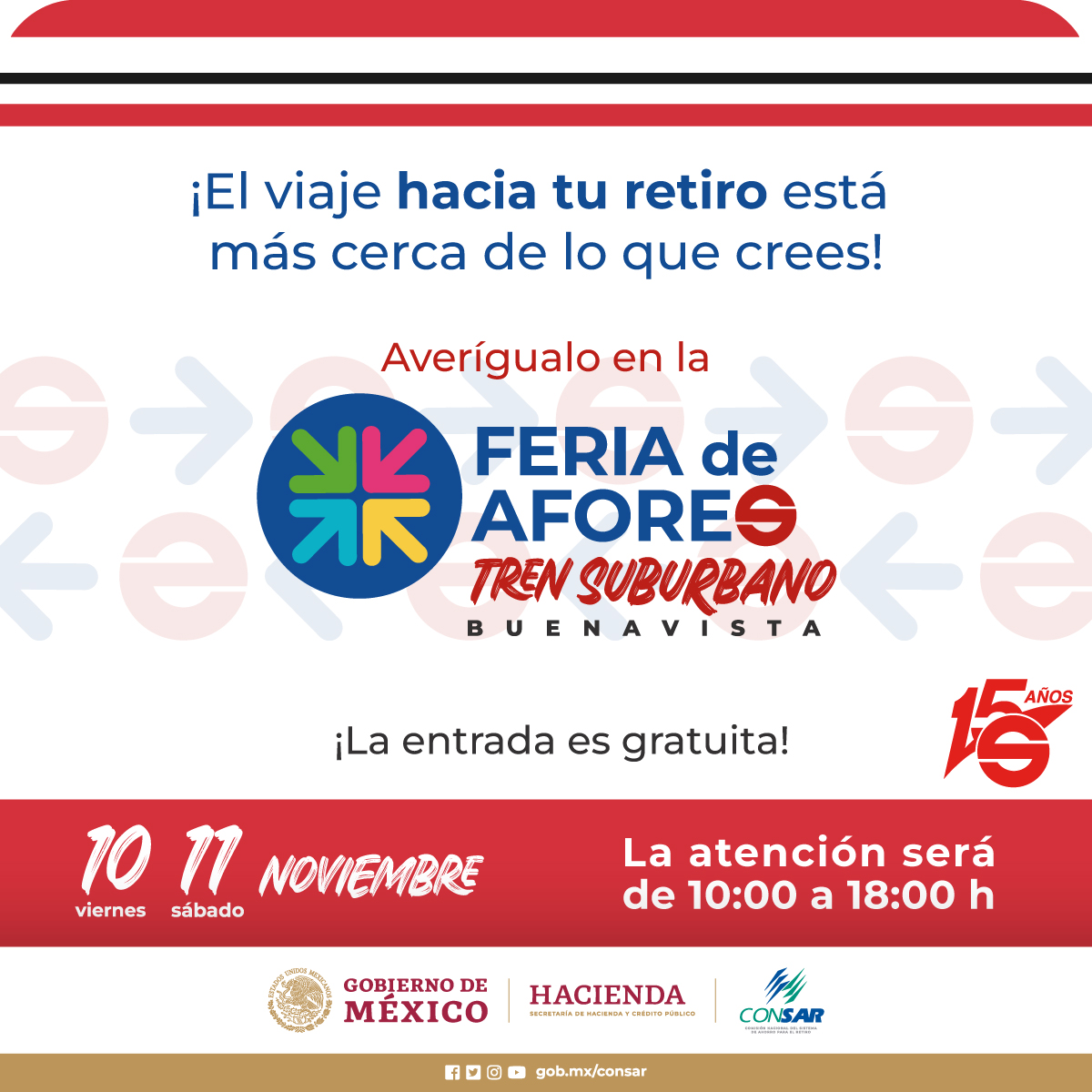 CONSAR_mx's tweet image. ¡Estamos a un día de la #FeriaDeAforesBuenavista! 🎉 No dejes pasar esta última oportunidad del año para subirte al tren de tu retiro en un solo lugar.

📍Tren Suburbano Buenavista
🗓️10 y 11 de noviembre
⏰10-18 hrs

#LaConsarContigo