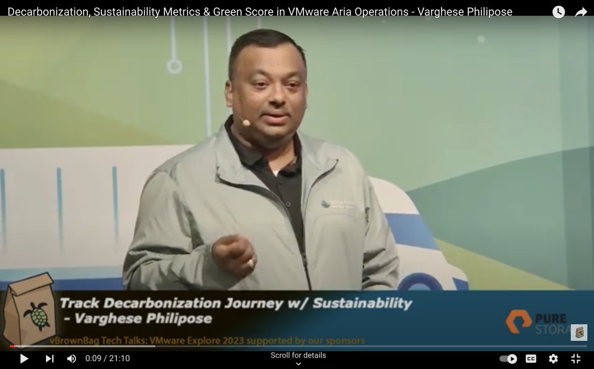VPhilipose's tweet image. Recording of my #VMTN @vBrownBag session from @VMwareExplore Barcelona 2023 is available now -  Decarbonization, #Sustainability  Metrics &amp;amp; #GreenScore in @VMwareAriaOps @vExpert youtu.be/hM432Lwcuzo?si… @VMwareCXS