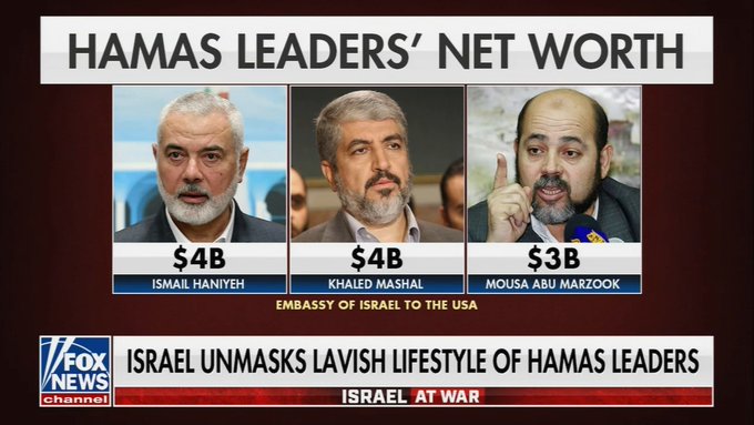Hamas liderlerinin servetleri;

Ismail Haniyeh: 4 Milyar $
Khaled Mashal: 4 Milyar $
Mousa Abu Marzook: 3 Milyar $

Filistin meselesinden bu yuzden uzak durmak lazim.

Isler goruldugu kadar basit degil. Tam bir rant dongusu var. Her iki tarafta da.

Bizim Turk milleti de