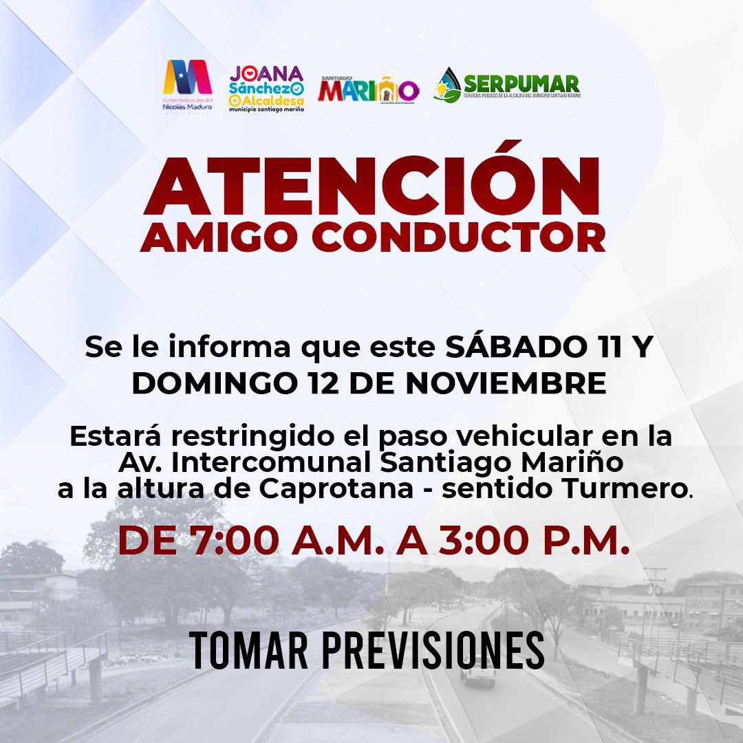 johanitakenpo's tweet photo. #9Nov Informó que este #11Nov y #12Nov estará restringido el paso vehicular en la Av. Intercomunal Santiago Mariño a la altura de Caprotana, sentido Turmero desde las 7 de la mañana hasta las 3 de la tarde debido a trabajos de mantenimiento y descarga de la red de aguas pluviales https://t.co/KFvVdBx5tx