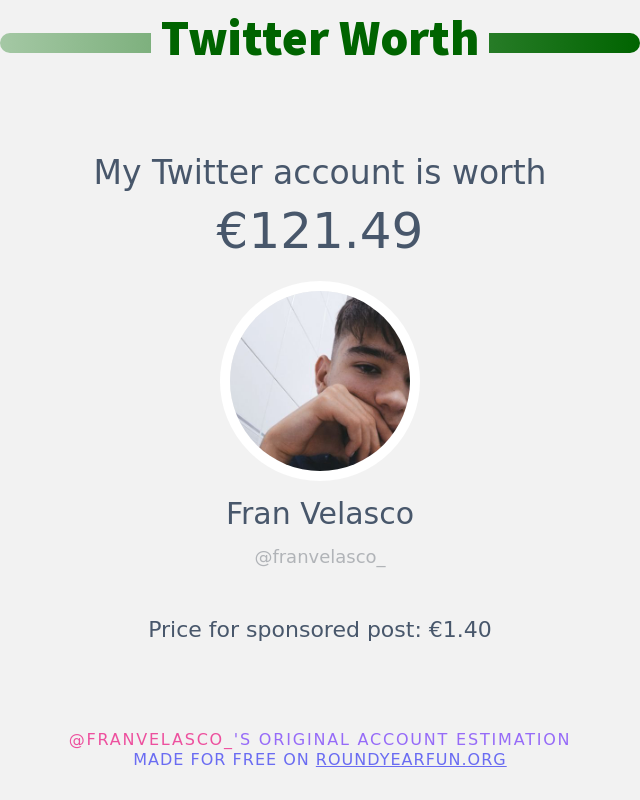 franvelasco_'s tweet photo. Mi valor en Twitter es de: €121.49

➡️ https://t.co/inAYUqQ8oN https://t.co/al5ERQb7Wf