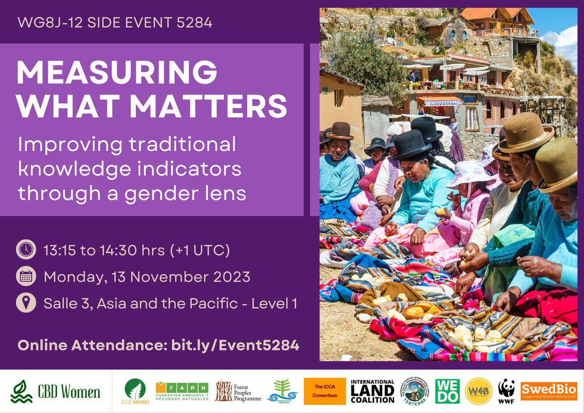 Side event 5284: Measuring What Matters: Improving Traditional Knowledge Indicators through a gender lens

📅 Monday, 13 Nov 2023 @ 13:15 📍 Salle 3 - Asia and the Pacific, Level -1

#GenderIsABiodiversityIssue #GenevaMeetings