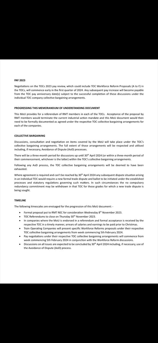 Here’s the memorandum of understanding between RMT and RDG. Includes areas of reform to discuss and timeline. It’s shorter than earlier offer so probably has fewer hurdles. If accepted, it gives a pay rise but also shows that reform is not off the table from TOC perspective.