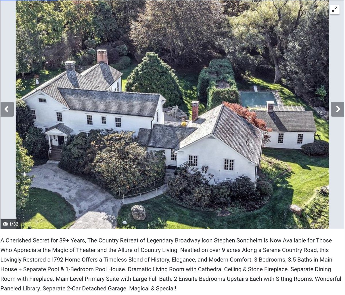 Stephen Sondheim's Connecticut home just went on the market. 

(Sunday in the Park with George Monkey and Mrs. Lovett’s menu not included)

coldwellbankerhomes.com/ct/roxbury/add…