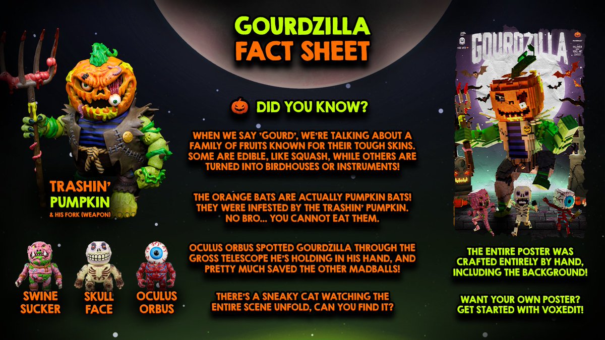 <a href="/MadballsX/">Madballs</a> <a href="/TheSandboxGame/">The Sandbox</a> <a href="/VoxEdit/">VoxEdit</a> Check out our Madballs 'Gourdzilla' poster's spooky fact sheet!🔍Full of cool details, from the obvious to the obscure – what caught your eye? 🎃

<a href="/borgetsebastien/">Sebastien 🏞</a> <a href="/Pandapops7/">Pandapops NFT Creator Queen</a> <a href="/ltrender3d/">Light Tracer Render</a>