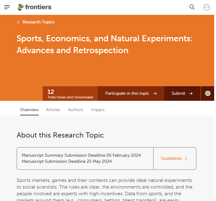 csingletonecon's tweet image. I&apos;m co-editing a Special Issue: &quot;Sports, Economics, and Natural Experiments: Advances and Retrospection&quot;, 
for Frontiers in #Behavioural #Economics, 

w/ Raphael Flepp (Zurich) and Romain Gauriot (Deakin) 

We especially want to see some replication studies!