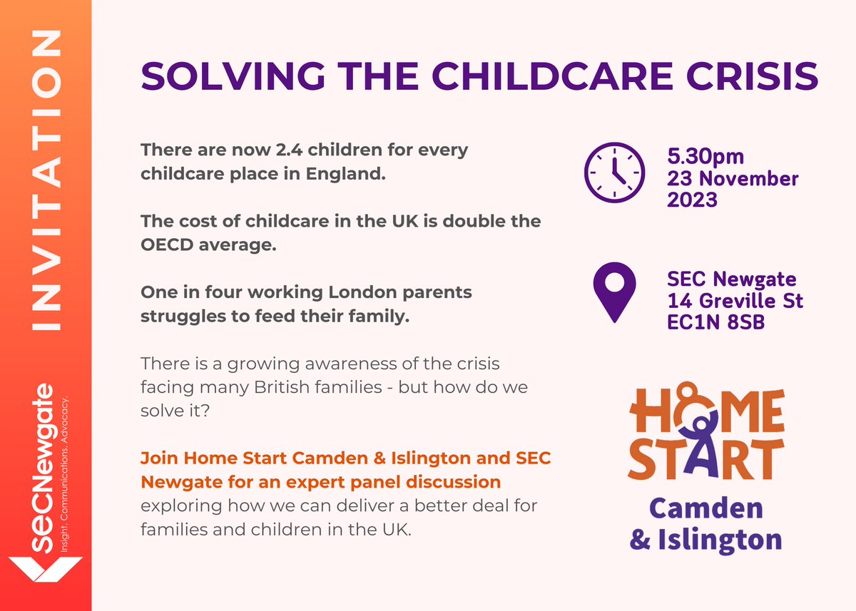 SEC Newgate UK - Advocacy (@secnadvocacy) on Twitter photo SEC Newgate is delighted to be hosting <a href="/HScamden/">Home-Start Camden & Islington</a> for Solving the Childcare Crisis, an expert panel event looking at how policymakers, businesses and the third sector can work together to help solve the UK’s childcare challenges.
Email: charitycommittee@secnewgate.co.uk to RSVP. SEC Newgate is delighted to be hosting <a href="/HScamden/">Home-Start Camden & Islington</a> for Solving the Childcare Crisis, an expert panel event looking at how policymakers, businesses and the third sector can work together to help solve the UK’s childcare challenges.
Email: charitycommittee@secnewgate.co.uk to RSVP.