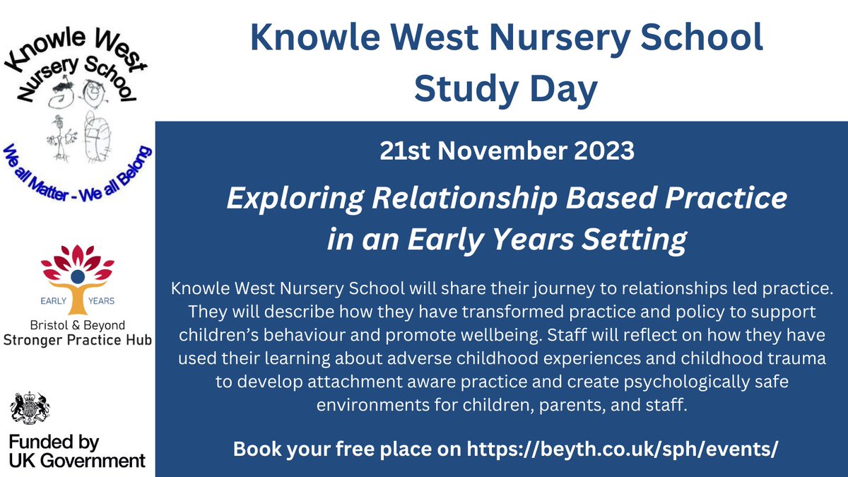 Join Knowle West Nursery School for their study day later this month focusing on exploring relationship based practice in an early years setting. You can book your space here: beyth.co.uk/course/open-st… 
#EarlyYears #EYFS #Earlychildhood #StrongerPracticeHub #SPH