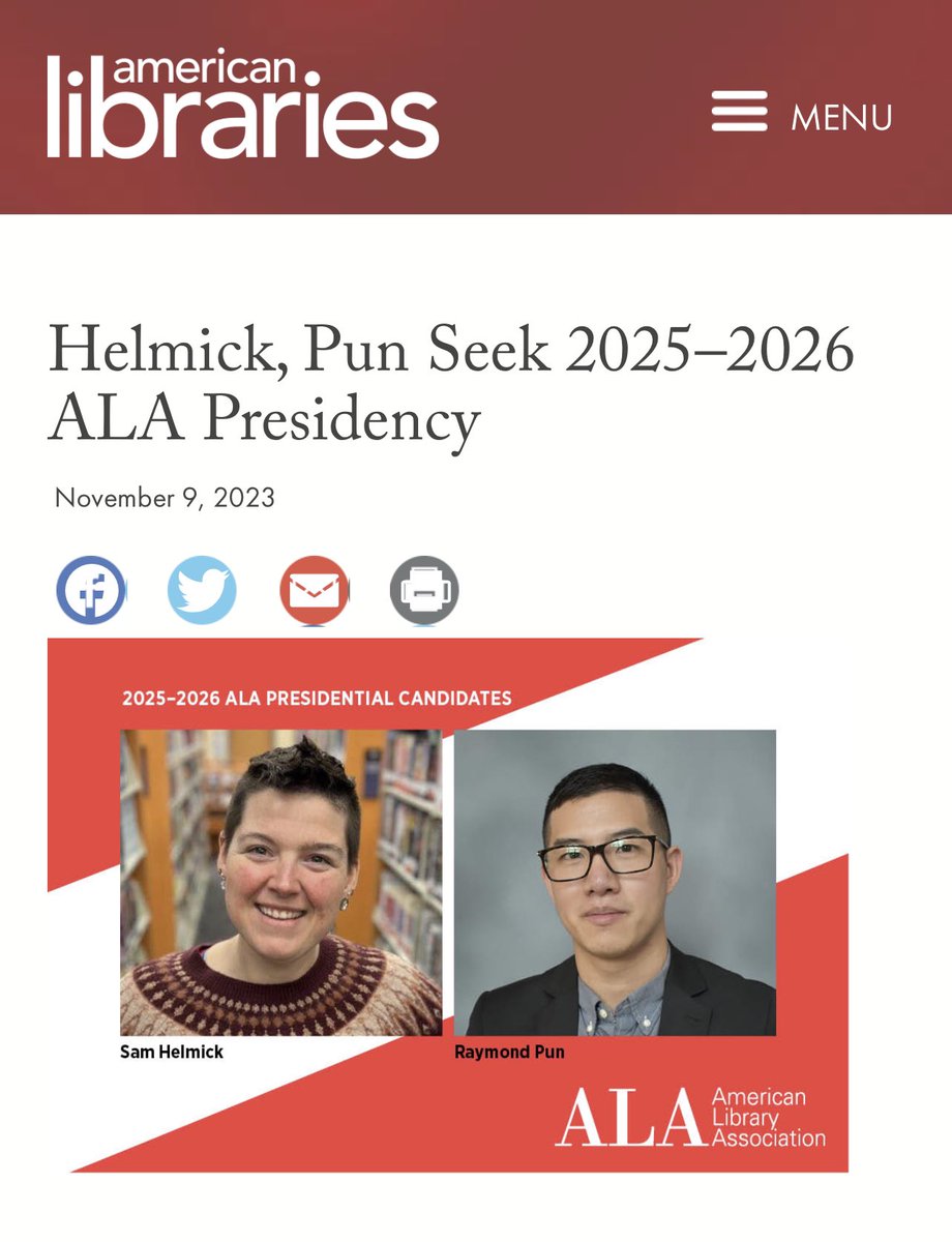 Thinking of the library workers who inspire me directly & indirectly in this moment. Delighted for this opportunity to advocate & celebrate the essential & impactful work of libraries. Humbled to share the slate with the brilliant leader, @raypun101! 💜 americanlibrariesmagazine.org/blogs/the-scoo…