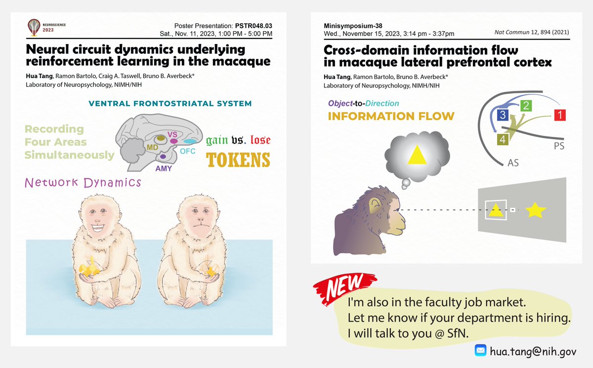 I will present a poster and a talk #SfN2023, introducing our new findings on information flow in neural circuits. Please stop by if you are interested. <a href="/BrunoAverbeck/">Bruno Averbeck</a> <a href="/rbartolo_phd/">Ramon Bartolo @rbartolo.bsky.social</a>  
Ps. I'm also seeking a job. If your department is hiring, I would love to hear more from you~😄