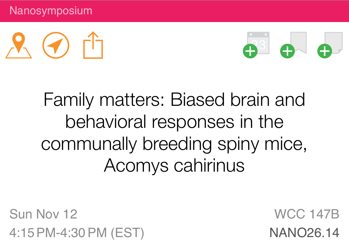 Excited to be attending #SfN2023  this year! If you're interested in hearing about how the spiny mice vary their behavioral and neural response across conspecific types, come to my nanosymposium presentation on Sunday afternoon!