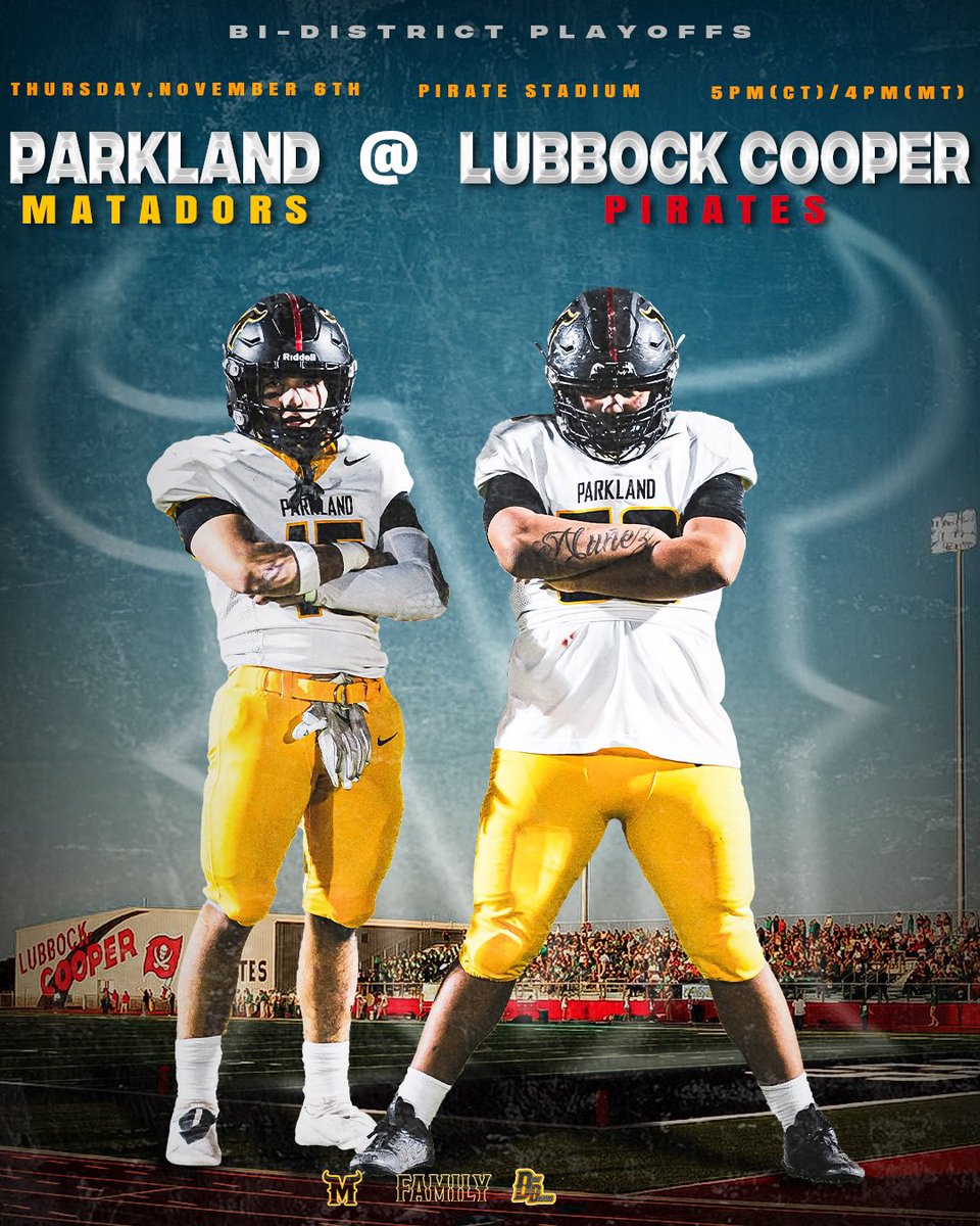 PLAYOFF. FOOTBALL. GAME. DAY. 🥶
Parkland @ Lubbock Cooper. 5PMCT/4PMMT
‼️THERE IS A CLEAR BAG POLICY‼️

@leighadrian @JSalgado_PHS @PHSMatadorFB @phsmats @MatadorStuCo @Ms_Castro_PHS @Drewww_22 @Fchavezeptimes @YISDAthletics1 @YsletaISD