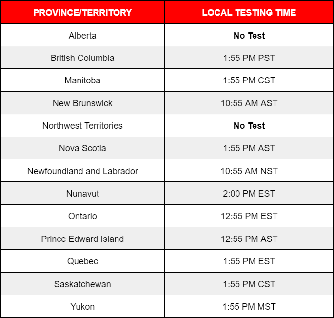 Hey Canada! Mark your calendars for Nov. 15 – we'll be conducting tests across most provinces & territories to ensure our system’s readiness in the case of an emergency. See below if and when there will be a test in your area. Learn more: alertready.ca #AlertReadyTest