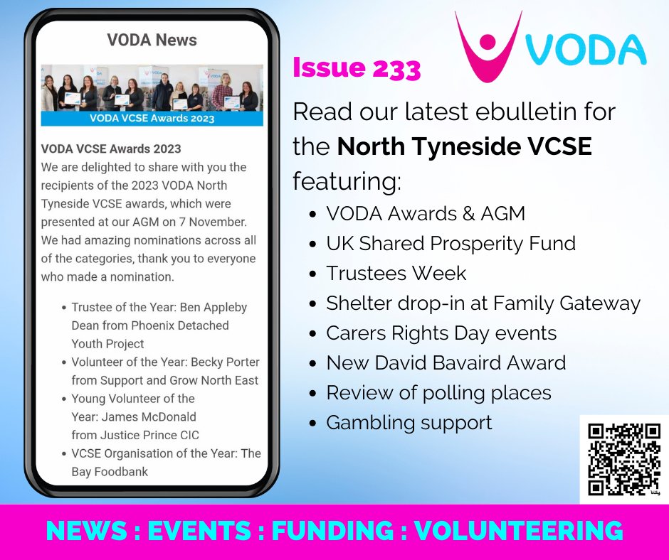 📰Stay connected with our #VCSE ebulletin. Highlights: VODA Awards, UK Shared Prosperity Fund, #TrusteesWeek, Shelter drop-in @FamilyGatewayUK, Carers Rights Day @ntcarers, David Bavaird Award, polling places review & gambling support #NorthTyneside 🔗bit.ly/voda233