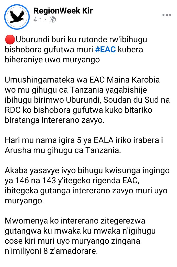 ⚡⚡Ibihugu nk'Uburundi,Sudani y'epfo naRDC bishobora gufutwa mu muryango wa EAC.
✍️✍️Imvo itangwa n'ikinyamakuru RégionWeek Kir.
Soma aha hepfo👇👇