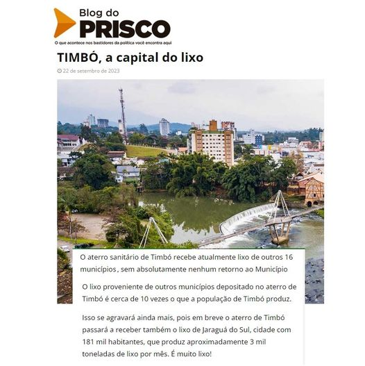 carlos_tonet's tweet image. Jaraguá do Sul, que já é um grande pólo exportador, vai começar a exportar o lixo para #Timbó.

A conturbada questão aparentemente tem causado algum furdunço.

Olhando a coisa perfunctoriamente de soslaio eu diria que trata-se de um assunto que não cheira muito bem.