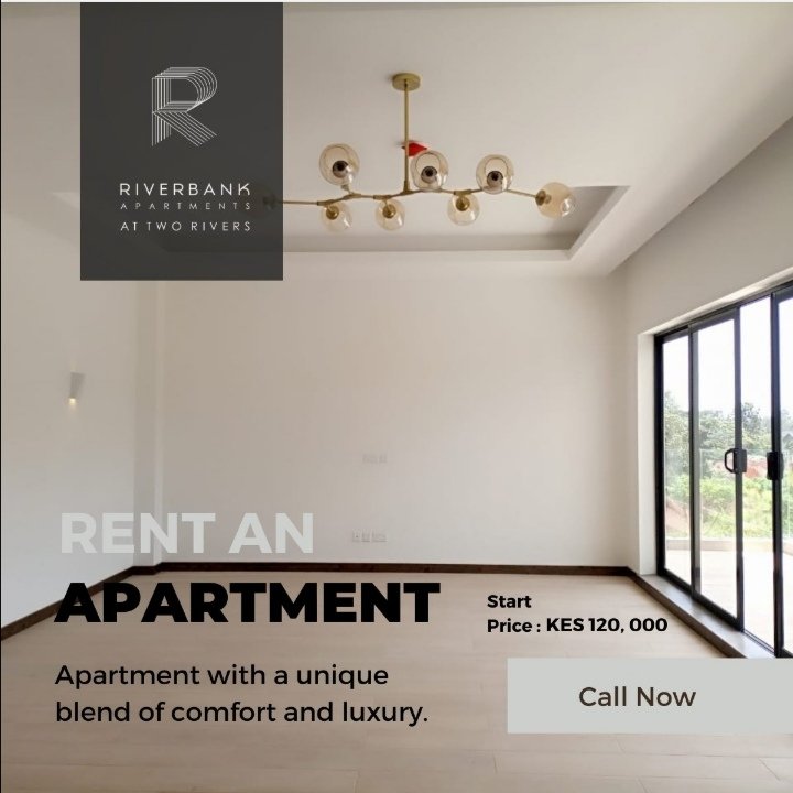 With only Ksh 120,000 p.m., you can now rent a house in @CentumRE's Riverbank apartments at Two Rivers development complex . They have 1, 2 and 3 bed +dsq units. Call them now on +254 713 877 777 to book a unit at the heart of two rivers. #riverbankapartments #luxuryliving
