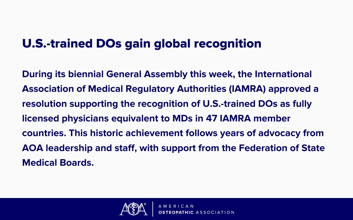 Learn more about how this significant win will help advance understanding of osteopathic medicine across the globe and eliminate barriers for DOs seeking opportunities to practice abroad. 
bit.ly/49o8ZDb

<a href="/DrHankChaudhry/">Humayun J Chaudhry, DO, MACP, FRCP</a> <a href="/TheFSMB/">FSMB</a> <a href="/OIAlliance/">OIA</a>
#DOProud #OsteopathicMedicine