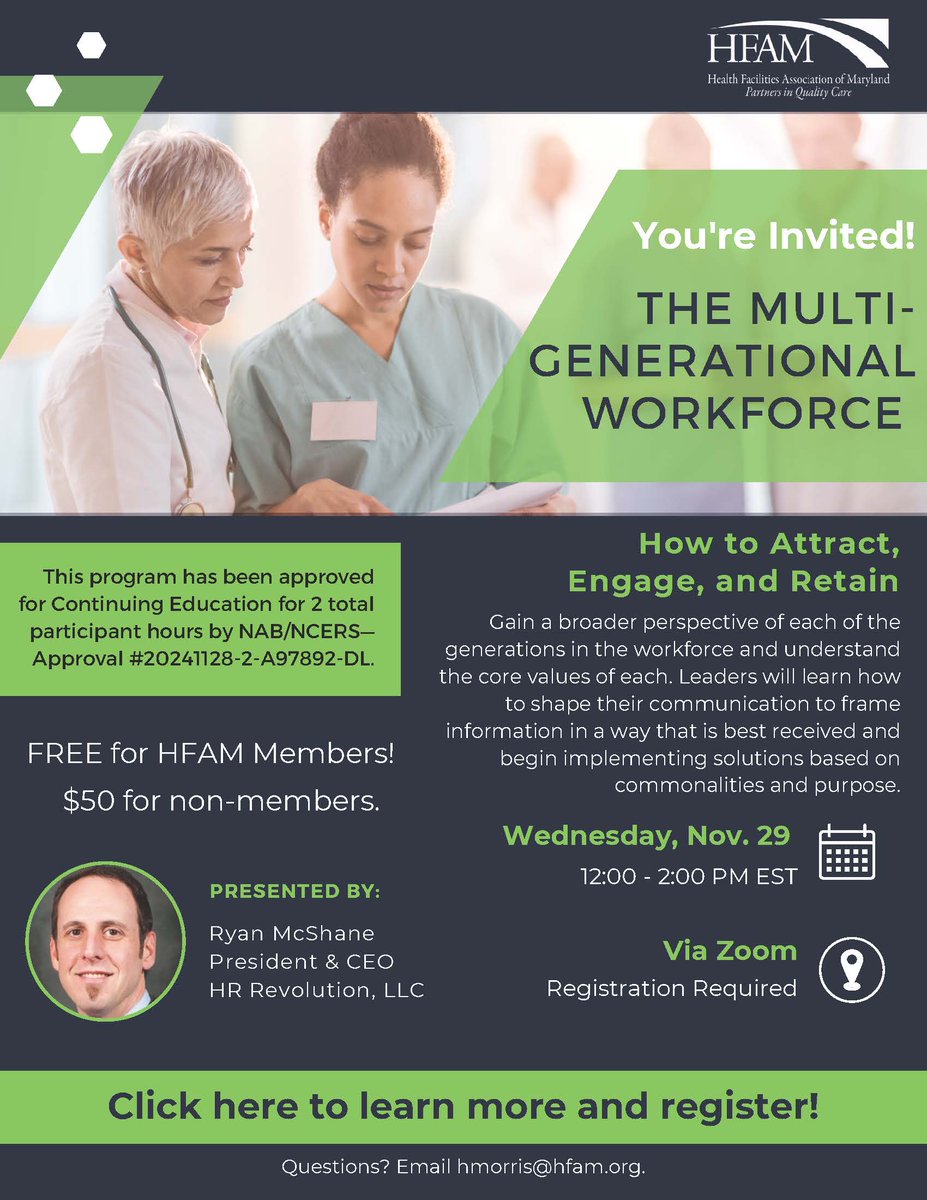 Join us on November 29 to learn about the multi-generational workforce with a focus on how to attract, engage, and retain employees across generations. Learn more and register at members.hfam.org/site_event_det…