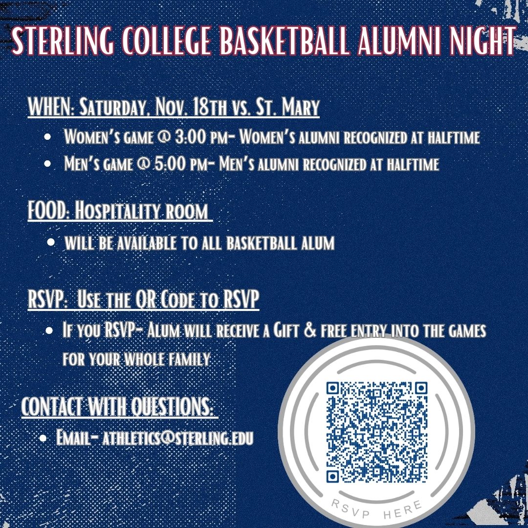 SCWarriorWBB's tweet photo. Former Sterling College Basketball players, don't forget to RSVP for Alumni Night on Nov. 18th. You can RSVP using the QR code or this link: https://t.co/vbPZxo1xU5. We hope to see you there!
#Legacy #SwordsUp #Warrior4Life #SCBB https://t.co/R6uVQP38Xu