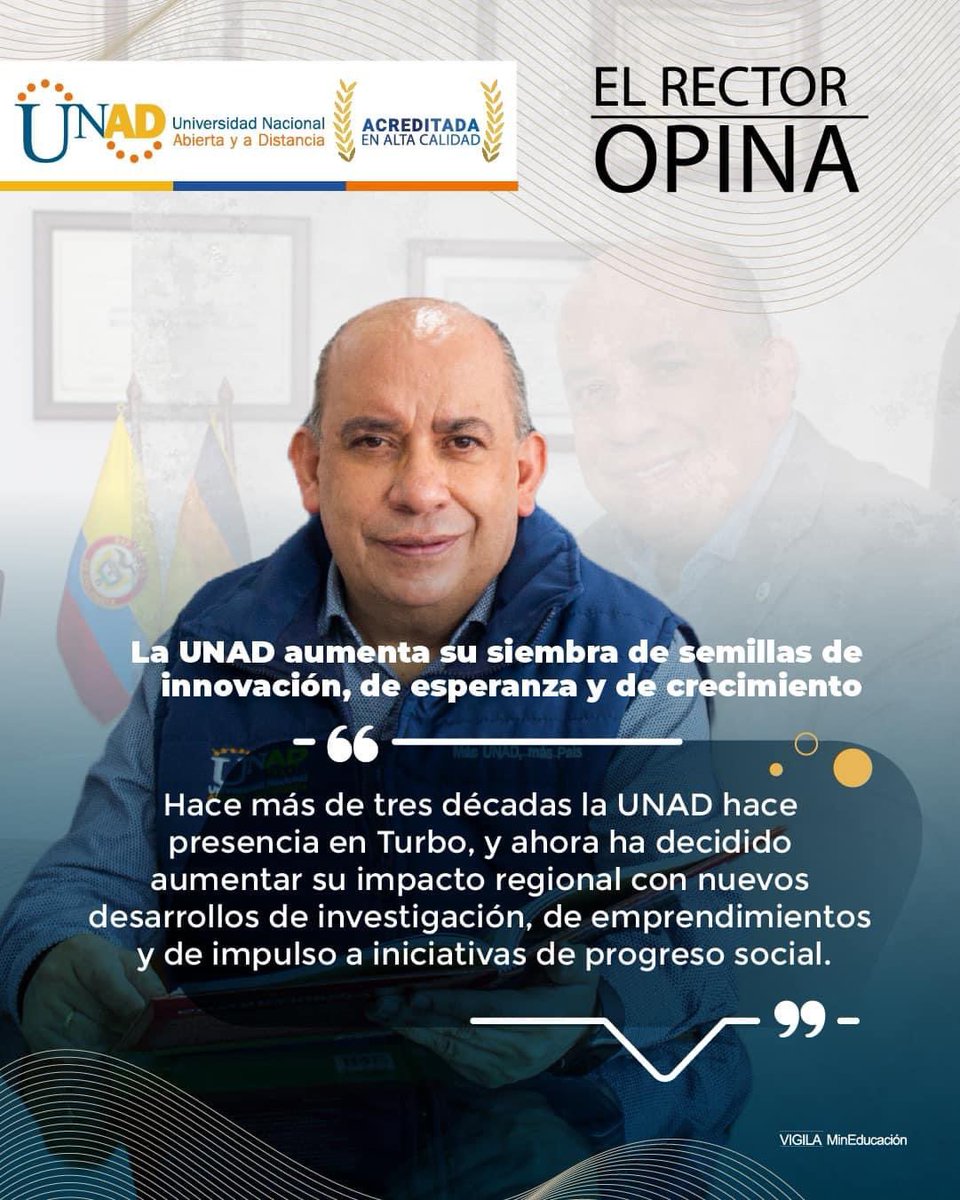 UNAD_ZOCC's tweet photo. #RectorOpina 📌 Aquí la columna de opinión de Jaime Alberto Leal Afanador, Rector UNAD, "La UNAD aumenta su siembra de semillas de innovación, de esperanza y de crecimiento” 👨🏻💻🇨🇴
Lee sobre el nuevo Centro de Innovación y Productividad - #CIPTurbo 👉 https://t.co/0uFGJDgE63 https://t.co/1BY7j0C4HM