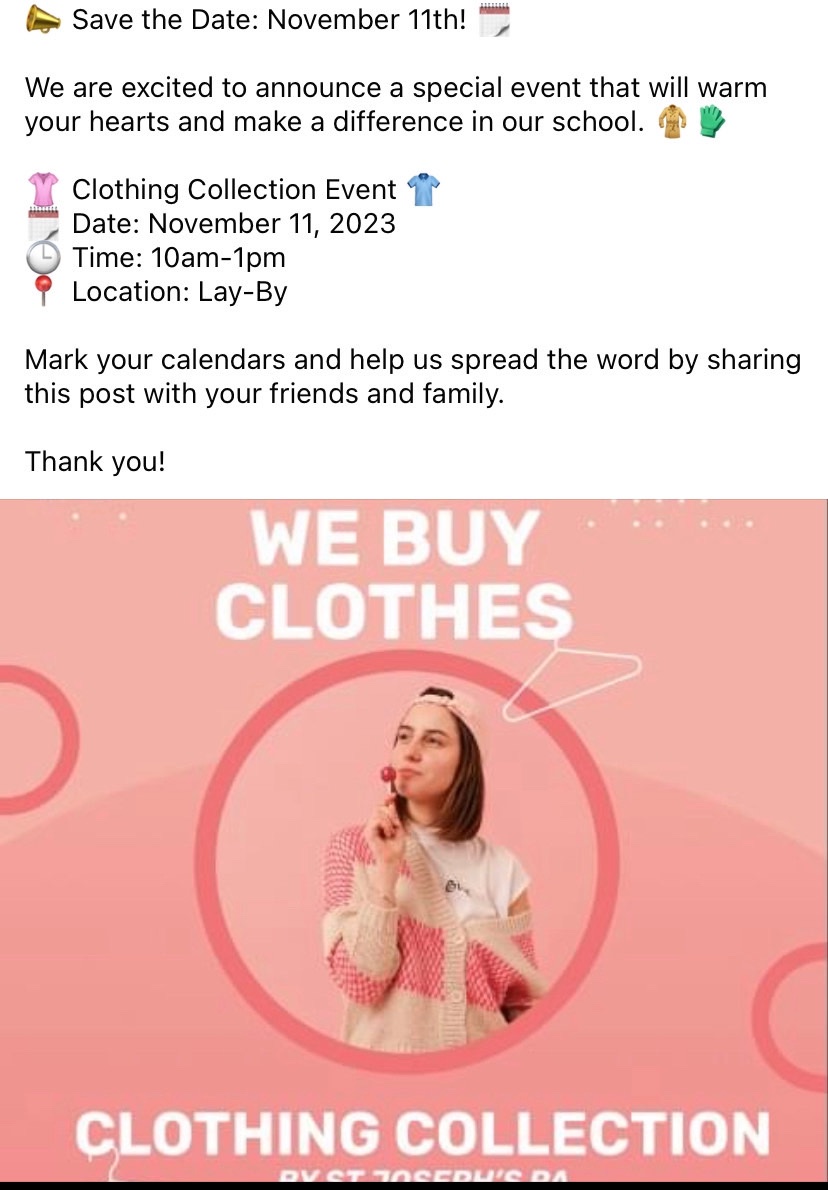 StudentLucan's tweet image. 📣 Save The Date. 
The Parents Association are organising a clothes collection at the lay-by on the 11 of November from 10am - 1 pm 🧣👚🧤