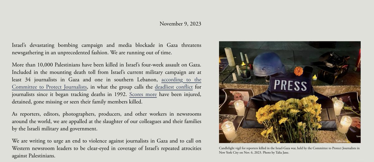 Over 600 journalists across the world have signed a statement condemning Israel's killing of journalists in Gaza and urging integrity in Western media coverage of Israel's atrocities against Palestinians.  

protect-journalists.com