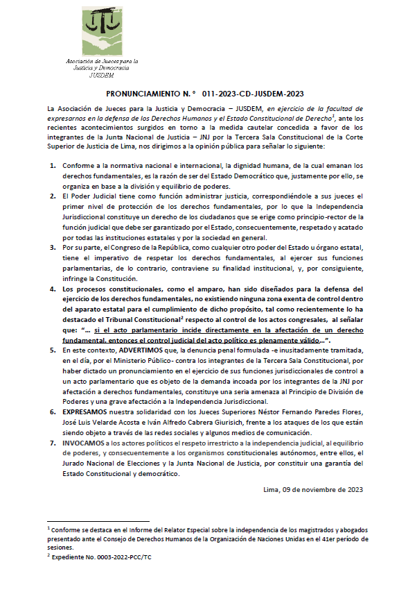 jusdemperu's tweet photo. Pronunciamiento - JUSDEM ante los recientes acontecimientos surgidos en torno a la medida cautelar concedida a favor de los integrantes de la Junta Nacional de Justicia – JNJ por la Tercera Sala Constitucional de la Corte Superior de Justicia de Lima, señalamos lo siguiente: https://t.co/OGELu6TXzl