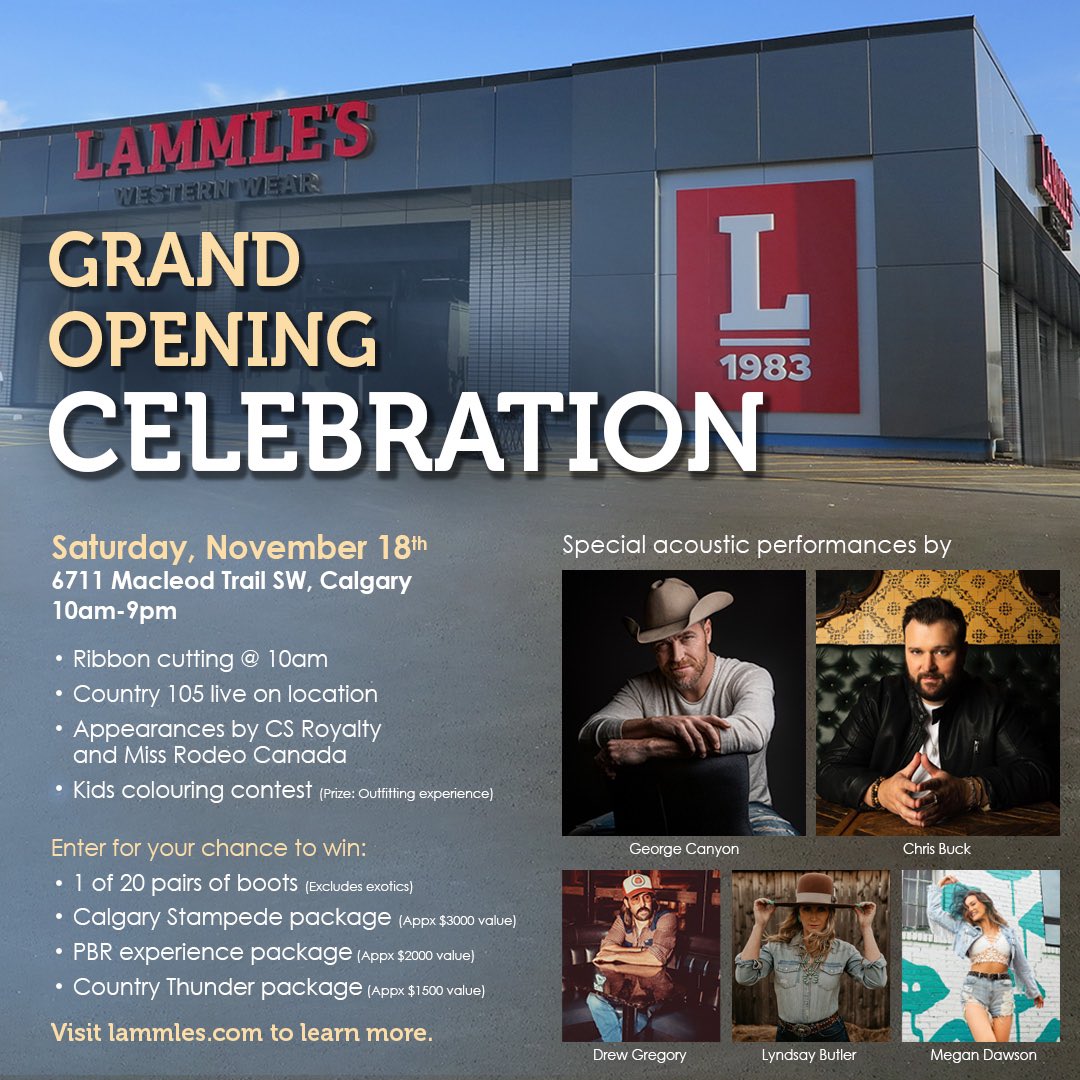 What a lineup! Looking forward to playing with these artists to kick off the brand new HUGE @Lammles Western Wear grand opening in Calgary off Glenmore and McLeod! #lammleswesternwear #westernwear #yyc