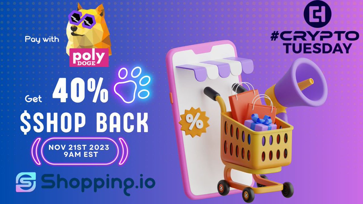 shopping_io's tweet photo. 🚀 Gear up for the ultimate #CryptoTuesday experience! On November 21st #shop with @PolyDoge and grab an incredible 40% $SHOP BACK! 🐾💰

Unlock 30% with code: CryptoTuesday2023, then pay with $POLYDOGE at checkout for an additional 10%. 

It's shopping bliss! 🛒🐕
Learn more: https://t.co/rvNUecLDKk

#Shopwithcrypto #PolyDoge