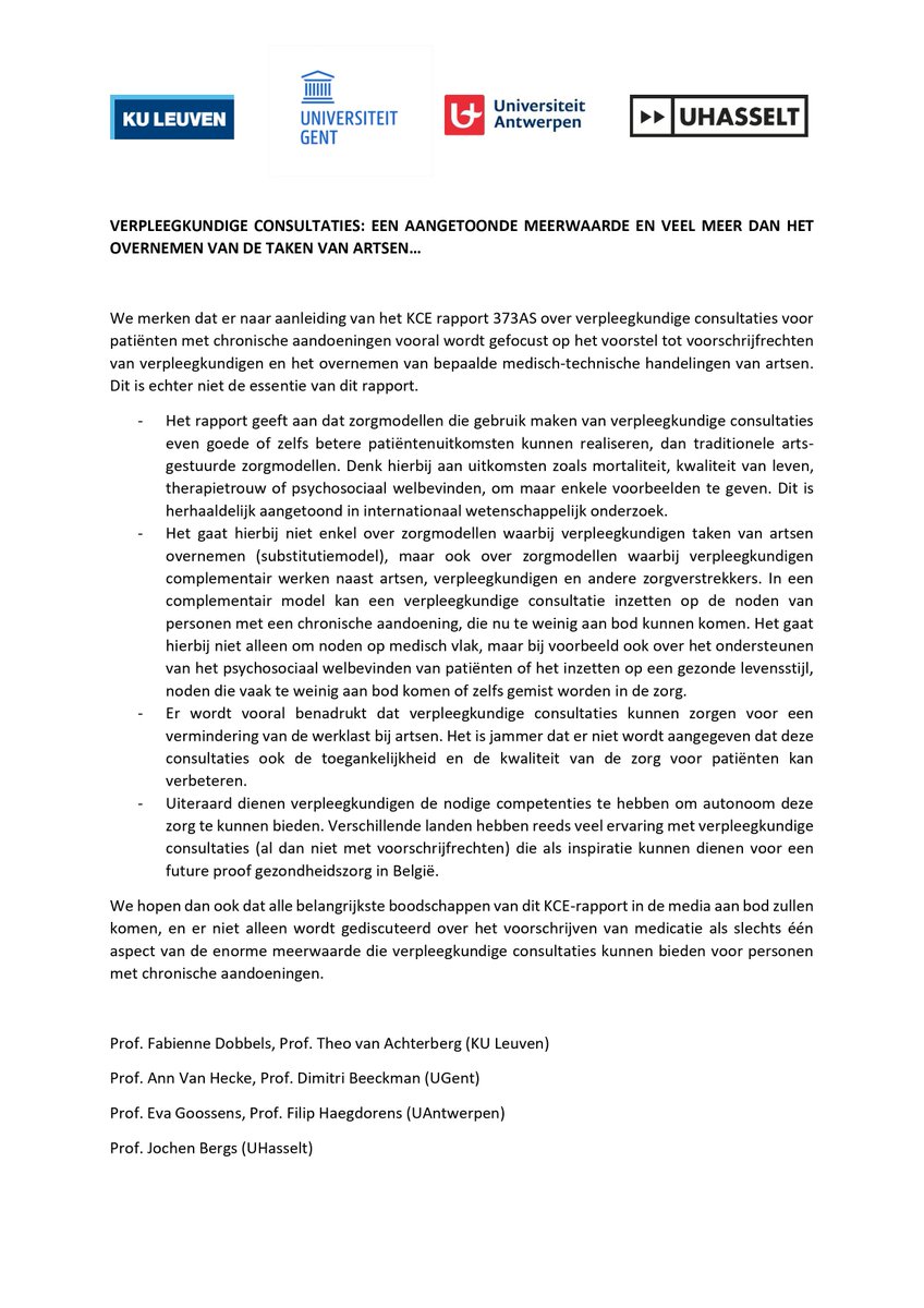 "Verpleegkundige consultaties zijn een aangetoonde meerwaarde en veel meer dan het overnemen van taken van artsen alleen!" 4 Vlaamse universiteiten plaatsen berichtgeving uit de media n.a.v. een recent rapport van het @KCEfgov in perspectief.