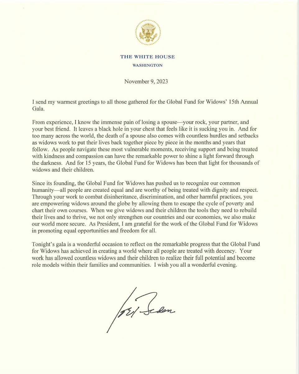 Global Fund for Widows (@globalwidows) on Twitter photo We are honored and thankful to President Joe Biden, <a href="/POTUS/">President Donald J. Trump</a>, for his kind words and reinforcement. Together, we will continue working to create a world where all people are treated with decency.
#MakeWidowsMatter We are honored and thankful to President Joe Biden, <a href="/POTUS/">President Donald J. Trump</a>, for his kind words and reinforcement. Together, we will continue working to create a world where all people are treated with decency.
#MakeWidowsMatter