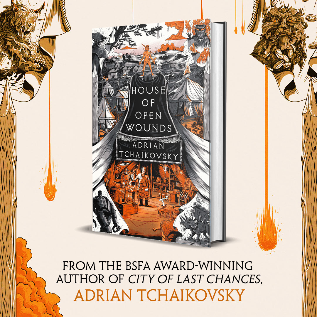 There's only 4 weeks to go until #HouseOfOpenWounds by BSFKA Award-winning author Adrian Tchaikovsky (@aptshadow)! Beset by enemies within and without, the last thing anyone needs is a miracle… Pre-order now ⚔️ bit.ly/47mZt1d @bookshop_org_UK