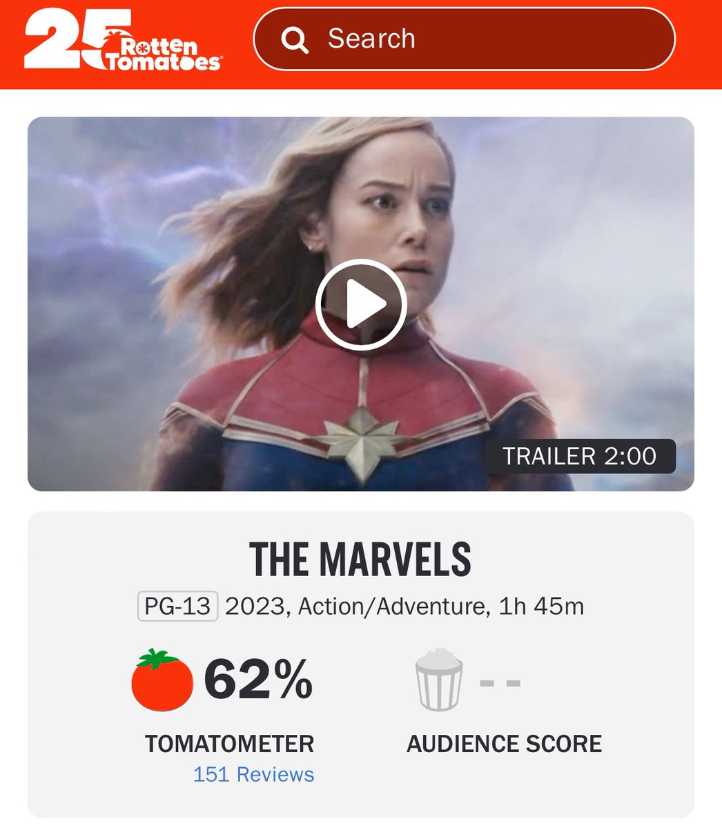 Film Updates on X: 'THE MARVELS' is currently fresh on Rotten Tomatoes  with a score of 62% from 151 reviews.  / X