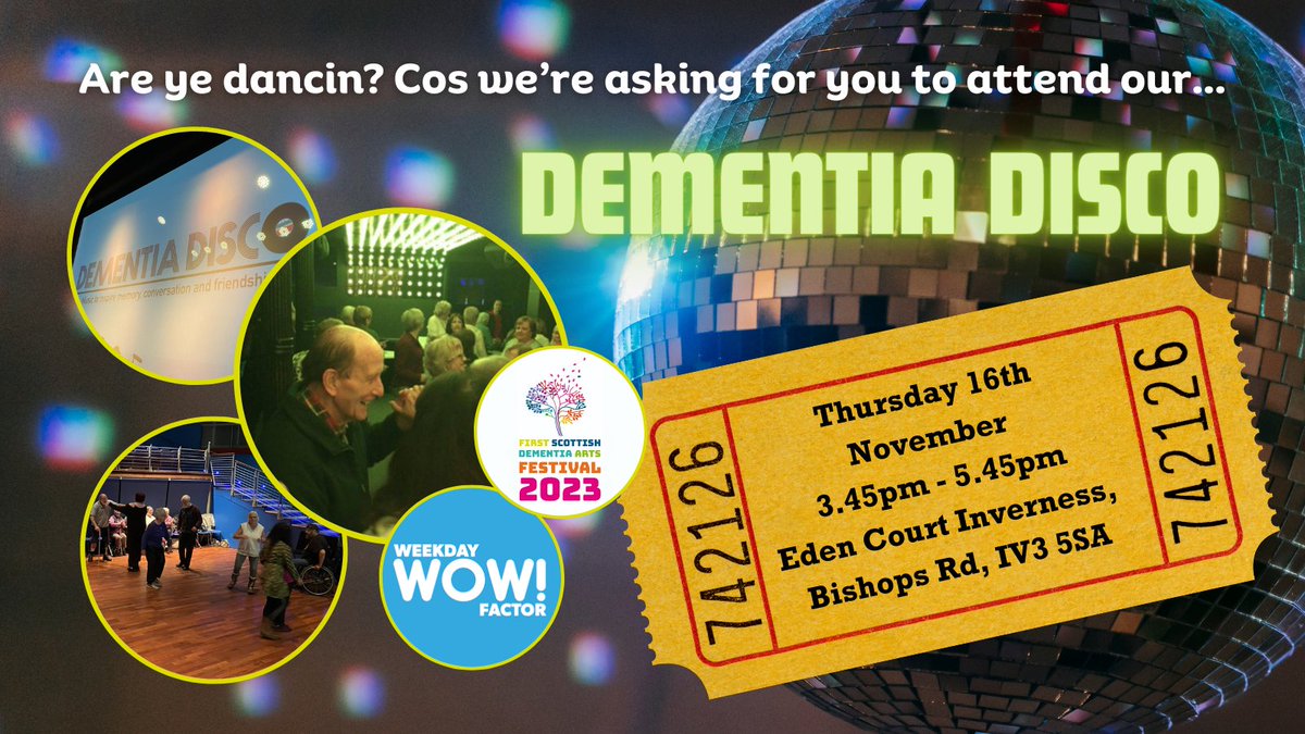 Are ye dancin? Cos we're asking for you to attend our #Dementia Disco 🕺 Part of our Scottish Dementia Arts Festival and in collaboration with our friends <a href="/WeekdayWOW/">Weekday Wow Factor</a> Factor 🪩  We're keen to get people local to Inverness shimmying away with us, so please share 💃🩰🪩🕺