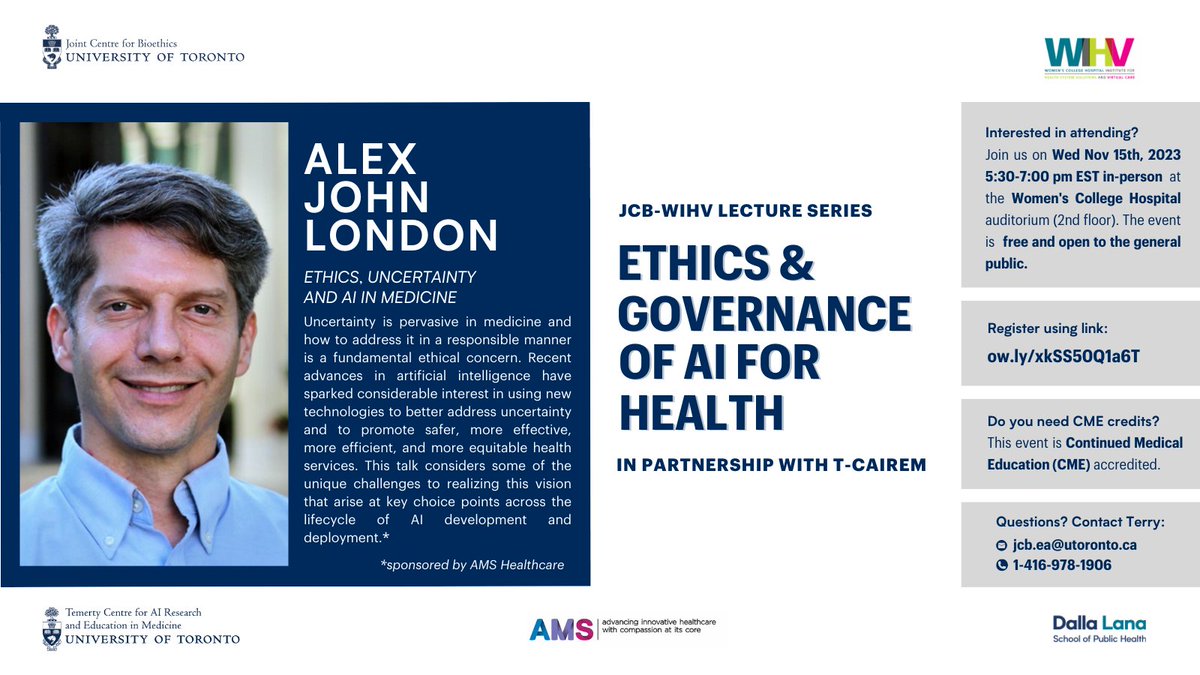 📢1 day to go for the annual JCB-WIHV lec on Ethics & Governance of AI for Health ft. Prof Alex on 'Ethics, Uncertainty & AI in Medicine' -- Nov 15 5:30-7pm at Women's College Hospital. The event is CME accredited. Register w/ ow.ly/xkSS50Q1a6T📢@AMSHealthcare @UofT_TCAIREM