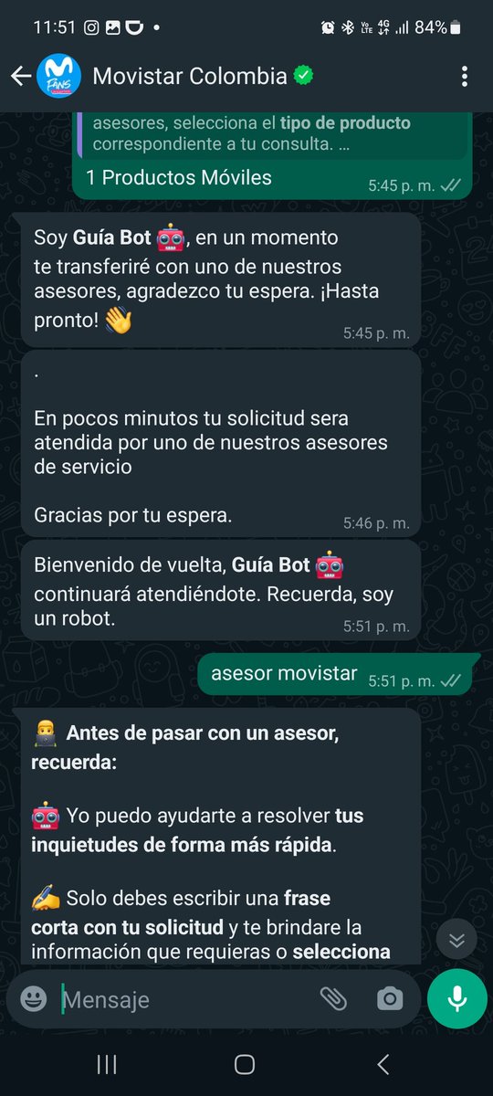 Tanitaprieto's tweet photo. @MovistarCo usa sus bot para impedir que cancele un servicio. Desde ayer llevo horas tratando de comunicarme con un asesor y solo me rebotan a ese ineficiente bot. Las líneas tampoco funcionan. @sicsuper a ver si ustedes hacen el mismo ejercicio y les pasa igual. #pesimo https://t.co/eqg9zlCxkp