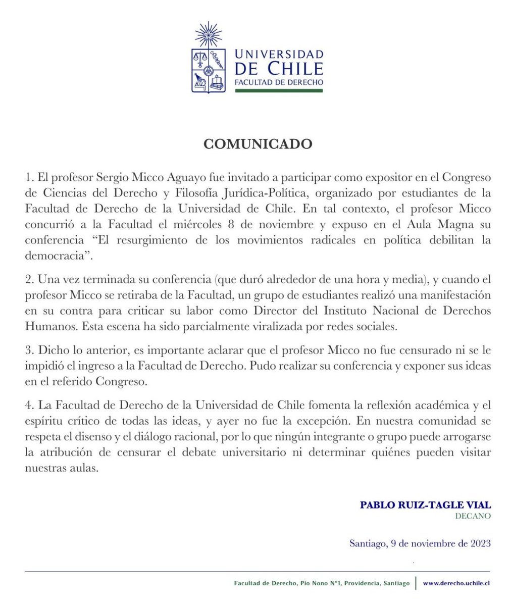 Nunca he visto una declaración más pusilánime, tibia y lamentable que la del Decano de la Facultad de Derecho, Pablo Ruiz-Tagle. 
Sencillamente vergonzosa, no hay una condena explícita a la funa a Micco, ni asomo de un sumario. 
La complicidad vergonzante de cierta “academia”.