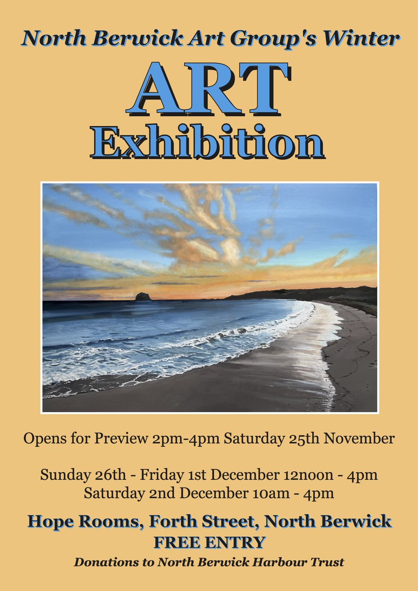 Not long until our Winter Art Exhibition! Original artwork by our members for sale, to suit all tastes &amp; budgets. Open 25Nov - 2 Dec in North Berwick's Hope Rooms. Entry is free, donations will go to <a href="/nbharbour/">NB Harbour Trust</a>