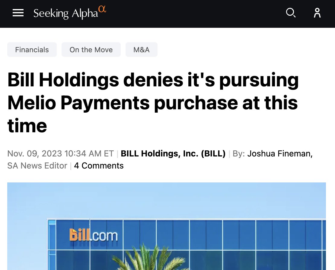 A story in 3 parts 1) Yesterday, Bloomberg reports that Bill .com is buying Melio for $1.95B (something that had been rumored for a while) 2) $BILL stock falls 16% on the news 3) Bill denies that it is pursuing Melio