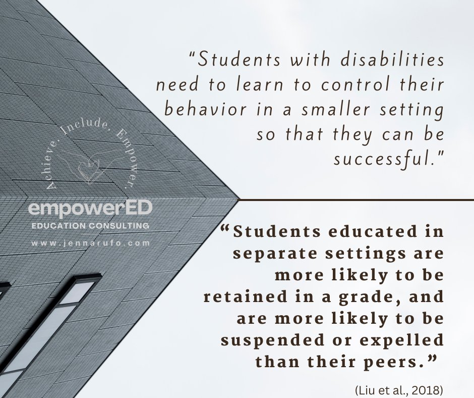 Day 9 of #NoExcusesNovember- “A smaller setting will help them control their behavior.” Fact: Students with disabilities educated in separate settings are more likely to be retained, suspended &amp; expelled. #inclusion #SpecialEducation