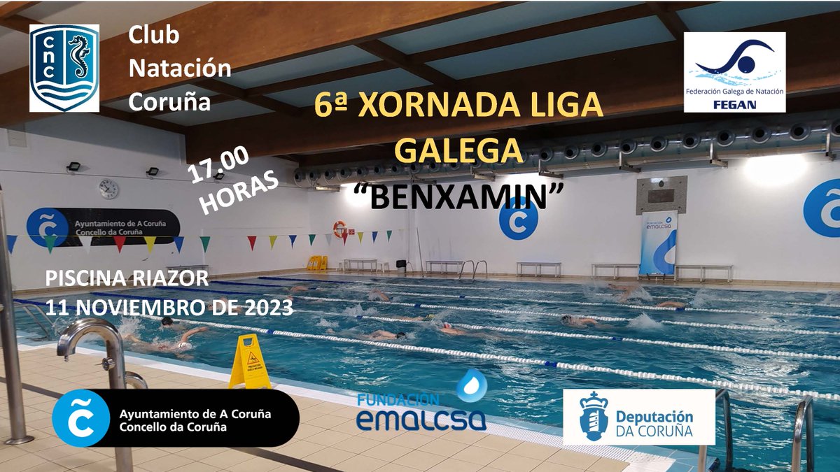 1ª XORNADA LIGA BENXAMIN
Piscina Riazor, 11 de Novembro de 2023
O vindeiro sábado día 11, terá lugar na Piscina Municipal de Riazor a primeira Xornada da liga Galega Benxamín na súa fase local.
#fundacionemalcsa