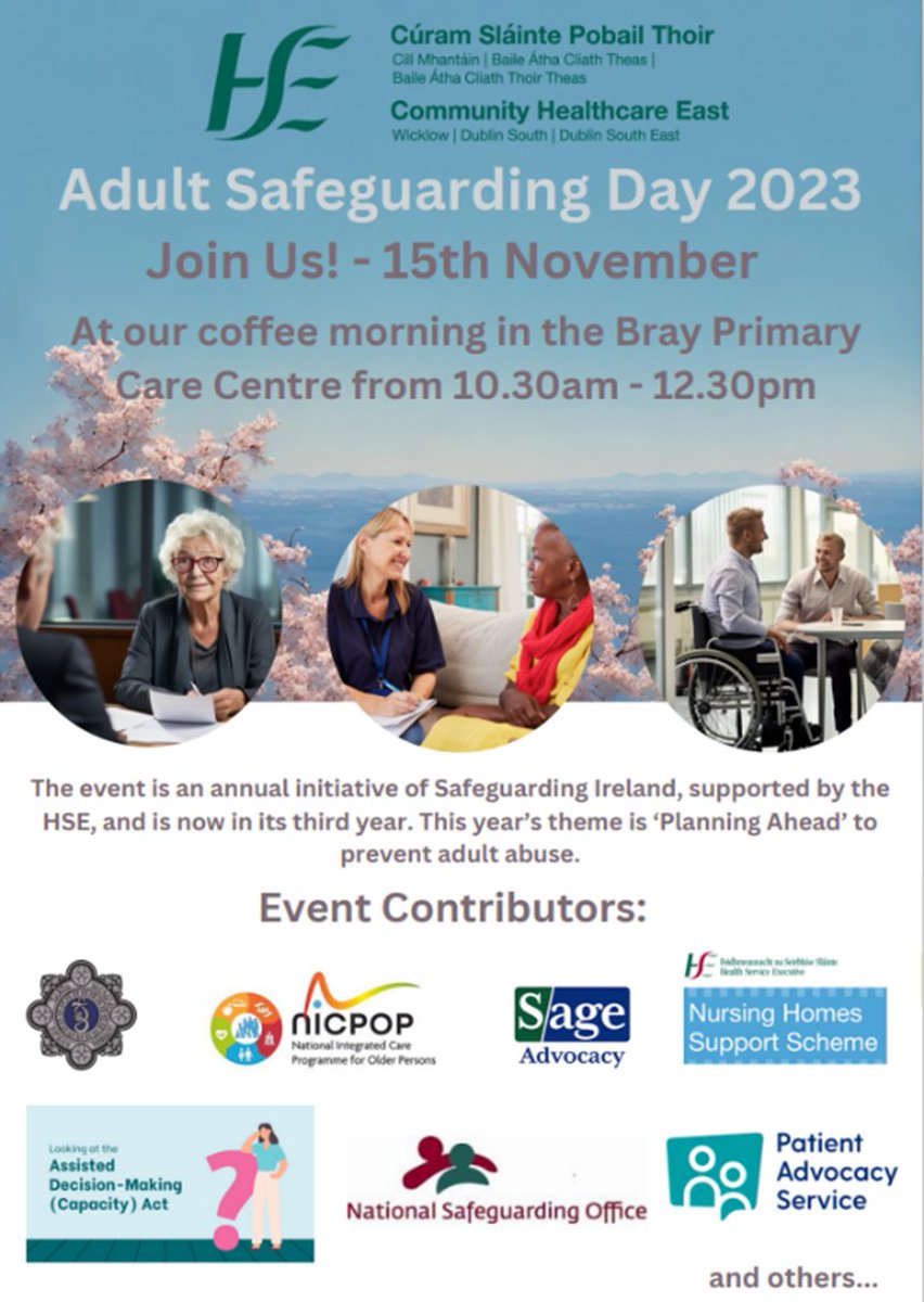 National Safeguarding Day - HSE Community Healthcare East are holding a coffee morning in Bray Primary Care Centre on Wednesday 15/11/2023 to raise awareness and celebrate National Safeguarding Day
<a href="/wicklowcoco/">Wicklow County Council</a> #agefriendlywicklow <a href="/safeguardingire/">Safeguarding Ireland</a> <a href="/HSELive/">HSE Ireland</a>