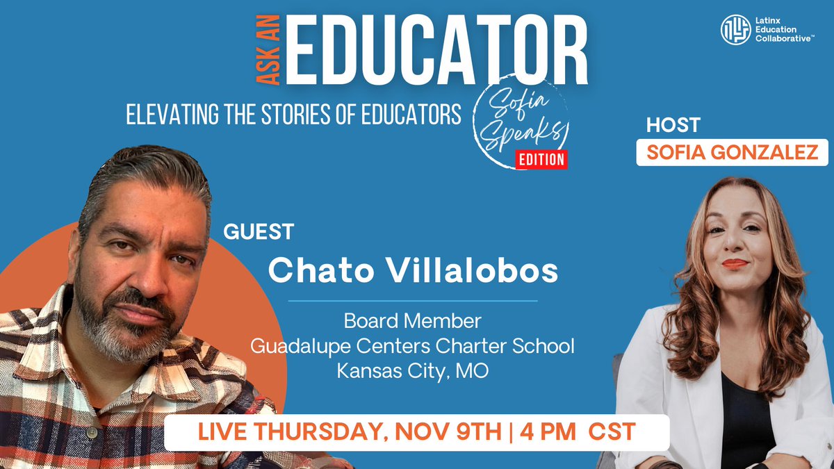 Sofia Gonzalez (@_sofiaspeaks) on Twitter photo Up next is Chato who is a Law enforcement pillar in the KC community & school board member for <a href="/GCISchools/">Guadalupe Centers Charter Schools</a>. We’ll chat on lack of Latino representation on boards even though the Latino student population is the fastest growing.
Juntos <a href="/LatinxEdCo/">Latinx Education Collaborative</a>
🔗 youtube.com/live/9wxOjb-5C… Up next is Chato who is a Law enforcement pillar in the KC community & school board member for <a href="/GCISchools/">Guadalupe Centers Charter Schools</a>. We’ll chat on lack of Latino representation on boards even though the Latino student population is the fastest growing.
Juntos <a href="/LatinxEdCo/">Latinx Education Collaborative</a>
🔗 youtube.com/live/9wxOjb-5C…