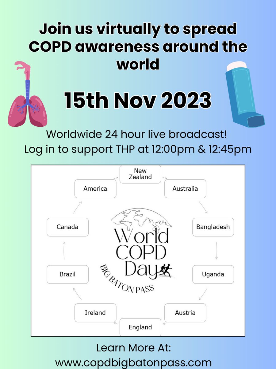 World COPD day is almost here! 
Take a few minutes out of your day, join the live worldwide broadcast and learn about COPD. 
Click on the link to participate: lnkd.in/gWrbtEkz

#worldcopdday #copdbigbatonpass #pulmonaryrehab #copdawareness #COPD