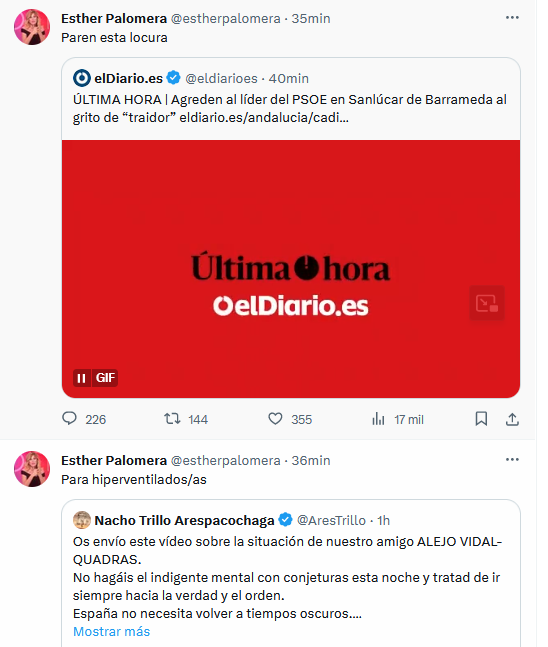 Le pegan un tiro en la cabeza a uno de Vox:

- A ver, tampoco hiperventilemos.

Insultan a uno del PSOE:

- PAREN ESTA LOCURA.